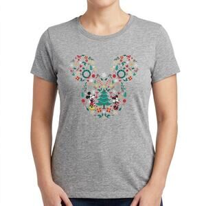 Disney Mickey Mouse Ears Friends Gray Christmas Holiday Tee Shirt Women's size L